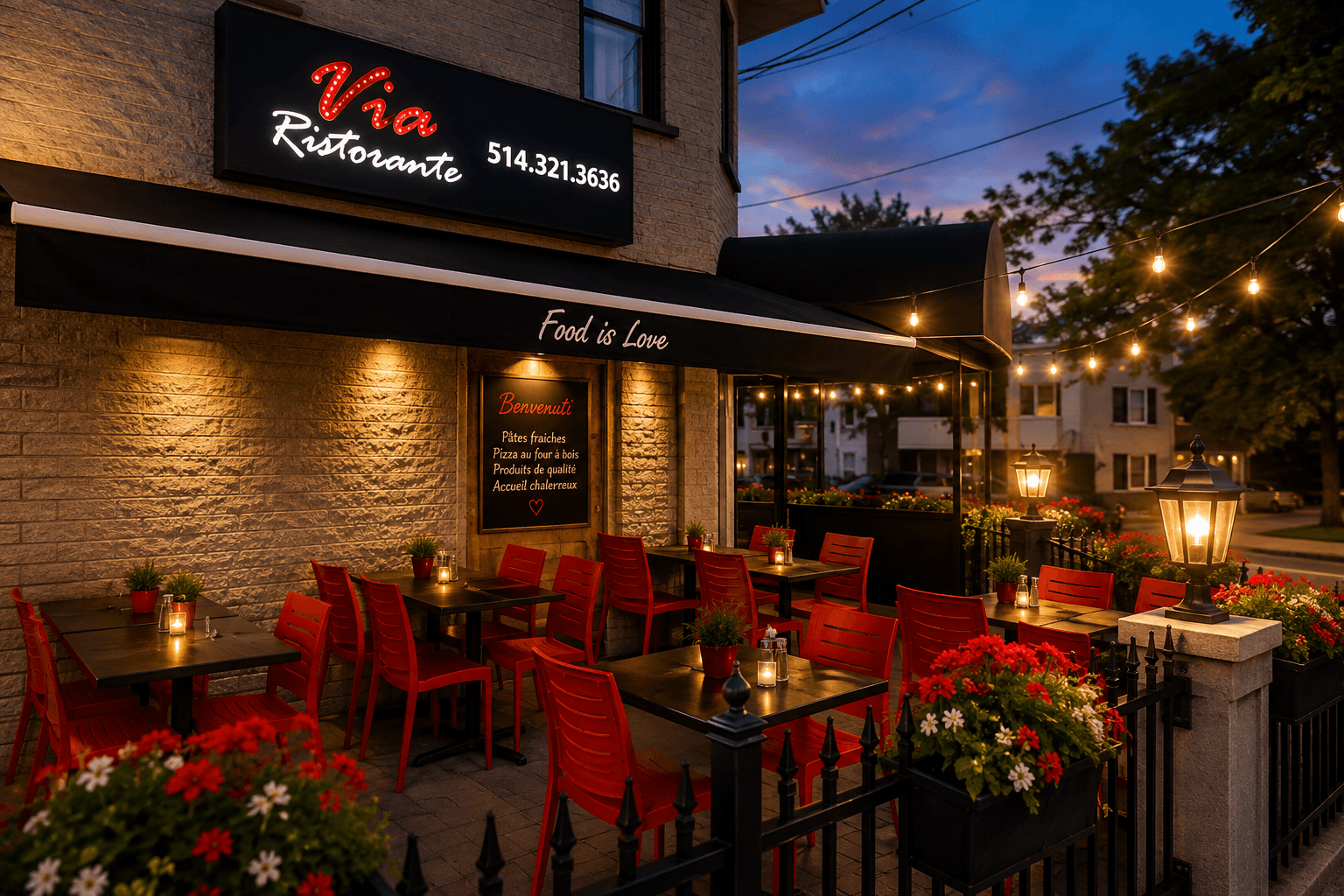 Terrasse extérieure de Via Ristorante au coucher du soleil